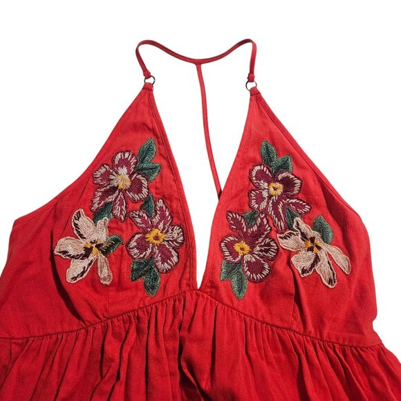 Free People Red Flower Embroidered Halter Dress Med Boho Summer Beachy Festival - Picture 5 of 14